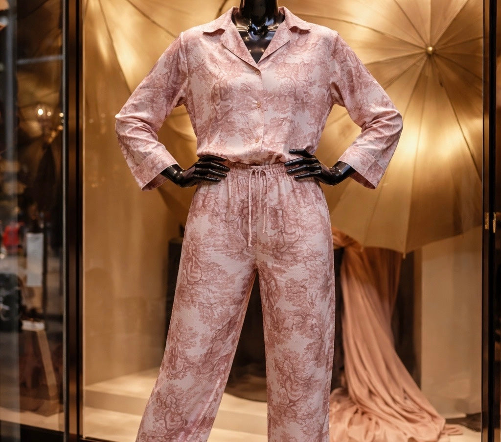 Satin Toile de Jouy Pyjama Set in Blush Pink